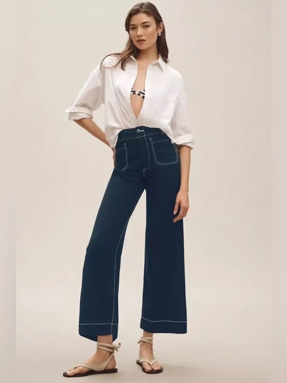Anthropologie The Colette Contrast-Stitch Cropped Wide-Leg Pants Size 29